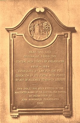 Plaque dedicated to the first Central High School building on the site of John Wanamaker store