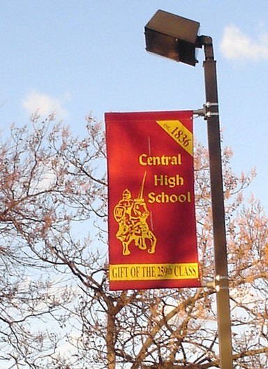 A close-up of the light shanchions and the CHS Banner